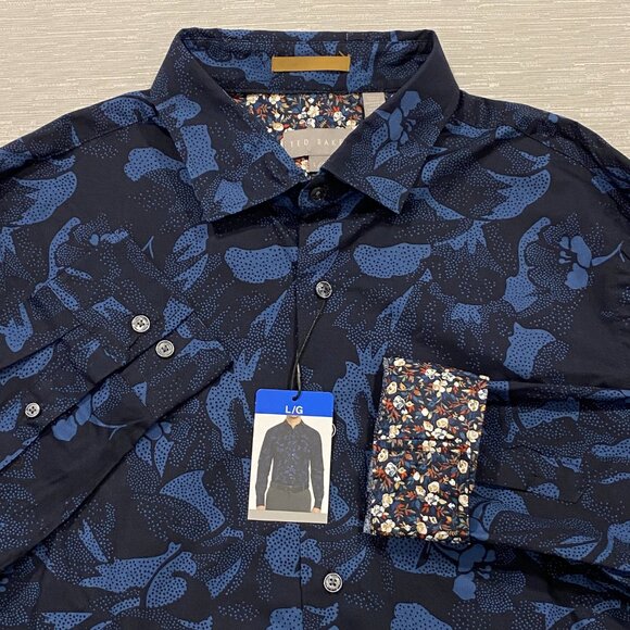Ted Baker Dress Shirt Mens Large Blue Black Floral Print Long Sleeve - Picture 1 of 14